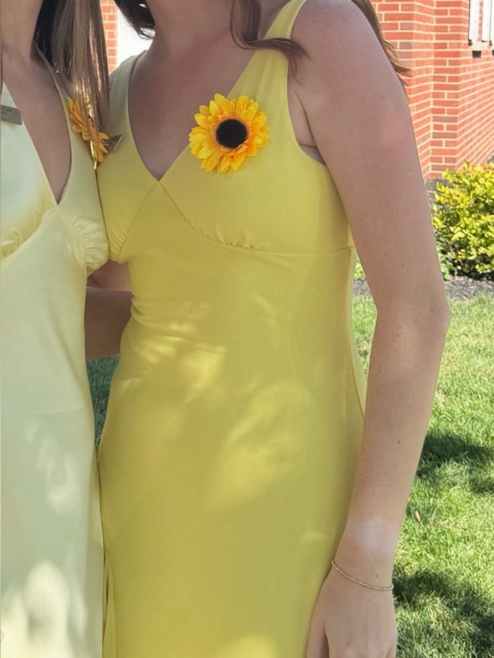 Amazon Yellow V-Neck Midi Dress with Sunflower Accent